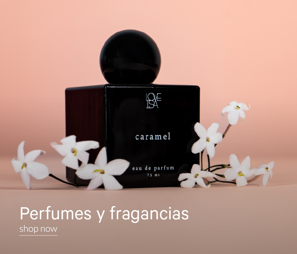 Perfumes y fragancias. Con incripción "Perfumes y fragancias. Shop Now"