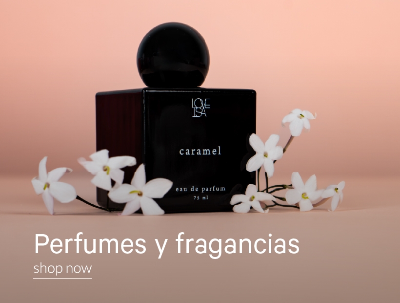 Perfumes y fragancias. Con incripción "Perfumes y fragancias. Shop Now"